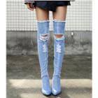 Ripped Stiletto-heel Denim Over-the-knee Boots