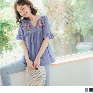 Notched Neck Floral Embroidered Ruffle Sleeve Top