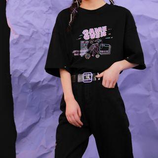 Lettering Long-sleeve Mesh Top / Printed Elbow-sleeve T-shirt