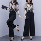 Set: Short-sleeve Patterned Shirt + Wide Leg Pants