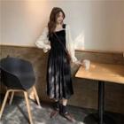 Mock Two-piece Square-neck Pinafore Dress Black - One Size