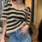 Short-sleeve Striped Knit Top Striped - Black & Almond - One Size