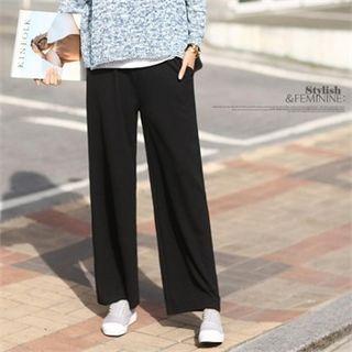 Band-waist Straight-cut Pants Black - One Size
