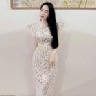 Cap-sleeve Midi Lace Bodycon Dress