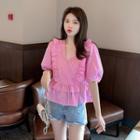 Gingham Ruffle Short-sleeve Blouse