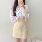 Long-sleeve Ruffled Top / Tweed Mini A-line Skirt