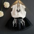 Set Of Two: Single-breasted Sleeveless Plain Lace Blouse + Tie -waist Bow Mesh Skirt