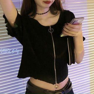 Short-sleeve Plain Zip Knit Top