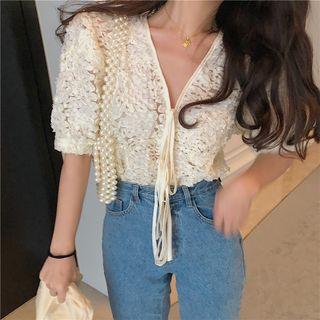 Short Sleeve V-neck Lace Blouse Almond - One Size
