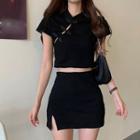 Short-sleeve Mandarin Collar T-shirt / Mini Fitted Skirt