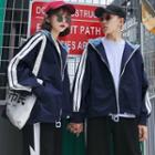 Couple Matching Denim Panel Hooded Zip Jacket / Printed Sweatpants