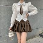 Puff-sleeve Tie-neck Shirt / Puff Mini A-line Skirt
