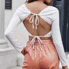 Long-sleeve Tie-back Lace Trim Crop Top