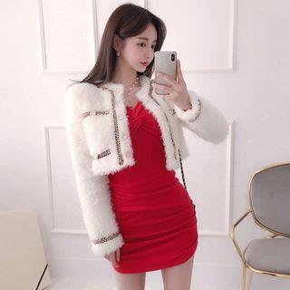 Contrast-trim Furry Cropped Cardigan