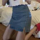 Cartoon Print Short-sleeve Cropped T-shirt / Slit Mini A-line Denim Skirt