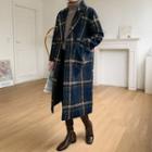 Double-breasted Plaid Long Coat Navy Blue - One Size