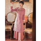 Set: Long-sleeve Floral Embroidered Cheongsam Top + Midi A-line Skirt