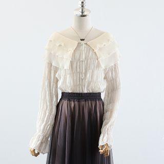 Fringed Trim Chiffon Blouse / Midi A-line Mesh Skirt