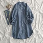 Lantern-sleeve Single Breast Plain Shirt Dress Blue - One Size