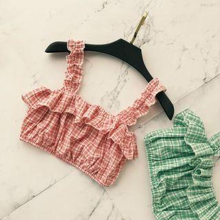 Cropped Frill-trim Plaid Tank Top