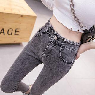 High Waist Washed Fringed Trim Skinny Jeans