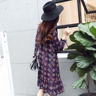 Patterned Stand-collar Long-sleeve Chiffon Dress