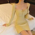 Plain Square-neck Slim-fit Long-sleeve A-line Dress As Shown In Figure - One Size