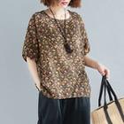 Short-sleeve Floral Print Top Coffee - One Size