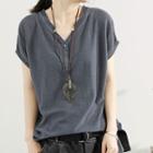 Short-sleeve Buttoned Placket Knit Top