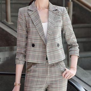 Plaid Double-breasted Blazer / Dress Pants / Set