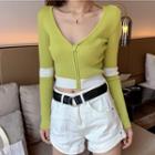 Front Zip Cropped Long-sleeve Knit Top