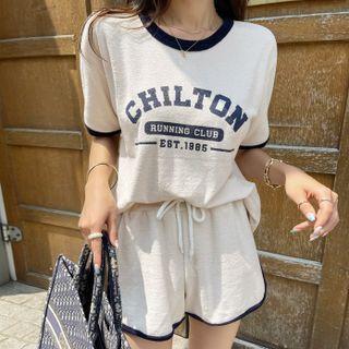 Set: Letter Print T-shirt + Contrast-trim Sweat Shorts