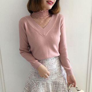 Long-sleeve Turtleneck Mesh Panel Knit Top