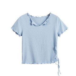 Short-sleeve Frill Trim Drawstring T-shirt