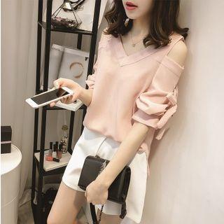 Elbow-sleeve Cold Shoulder Ribbon Chiffon Top