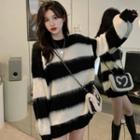 Round Neck Striped Sweater Stripes - Black & White - One Size