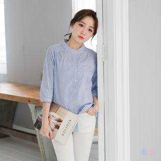 3/4 Sleeve Stand Collar Check Shirt