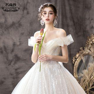 Short-sleeve Off Shoulder Sequined Beaded Paneled Glitter Wedding Ball Gown