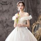Short-sleeve Off Shoulder Sequined Beaded Paneled Glitter Wedding Ball Gown