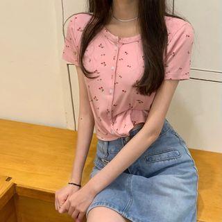 Short-sleeve Button-up Cherry Print Top