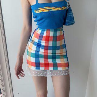 Fitted Plaid Lace Trim Mini Skirt
