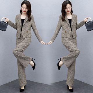 Set: Double Breasted Plaid Blazer + Wide-leg Pants