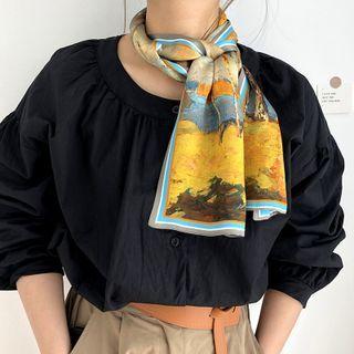 Printed Narrow Silk Scarf Gold - 150x15cm - J508