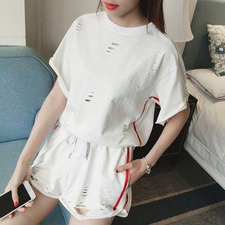 Set: Contrast Trim Ripped Short Sleeve T-shirt + Drawstring Shorts