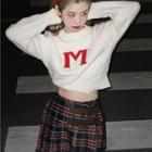 Lettering Crop Sweater / Plaid A-line Skirt