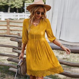 Puff-sleeve Lace Trim Dotted A-line Dress
