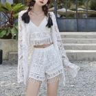 Set: Tasseled Crochet Lace Swim Top + Shorts + Cover-up Set Of 3 - Top & Shorts & Cover-up - White - One Size