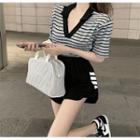 Short Sleeve V-neck Striped Crop Top/ Elastic-waist Contrast Line Shorts
