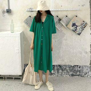 Color Buttoned Loose-fit Short-sleeve Dress