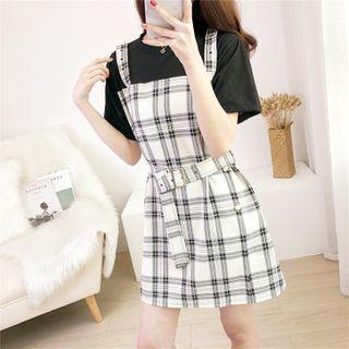 Short-sleeve Mock Two-piece Plaid Mini A-line Dress